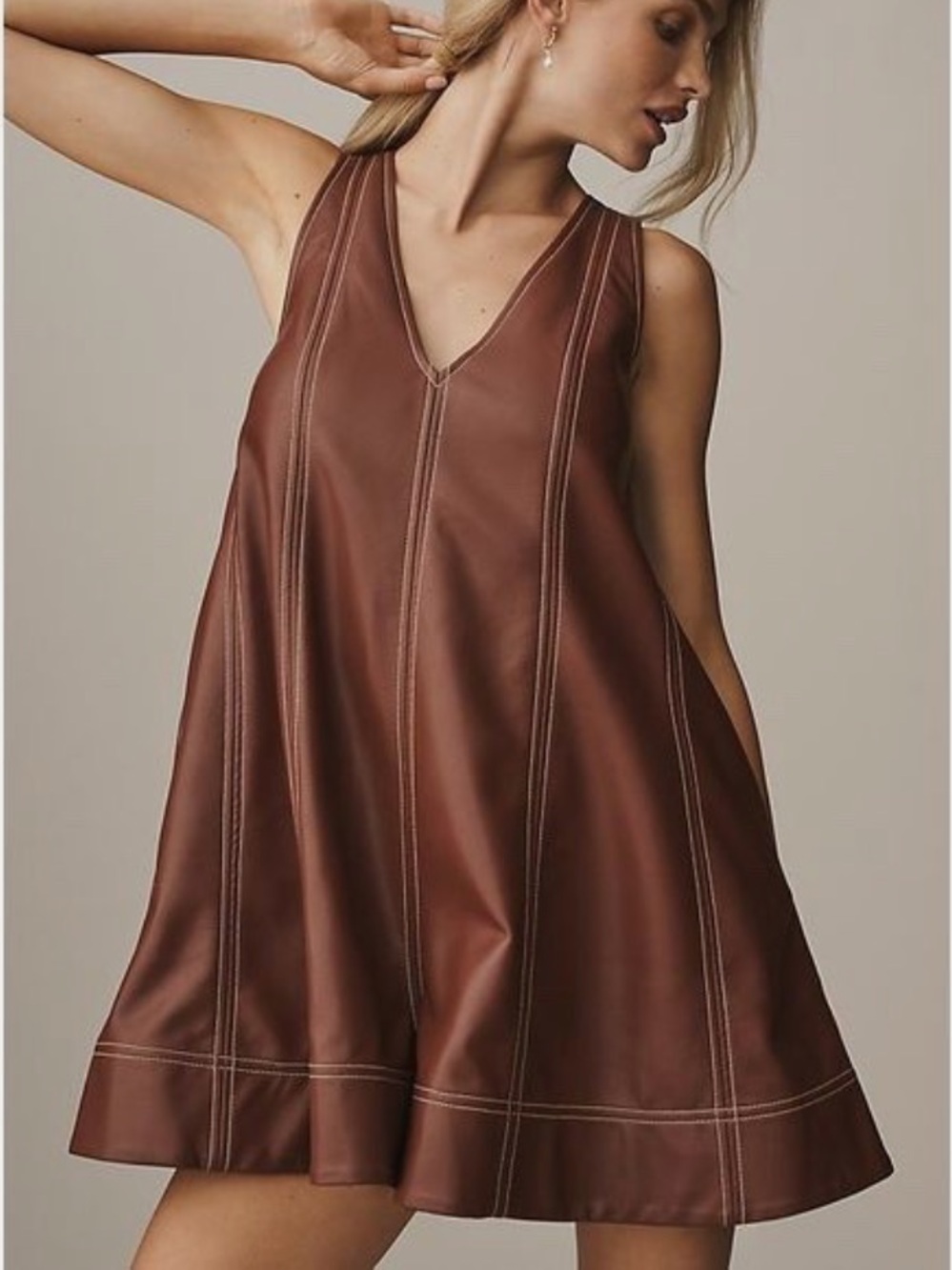 Maeve burgundy Faux Leather Sleeveless V-Neck Swing Jumpsuit